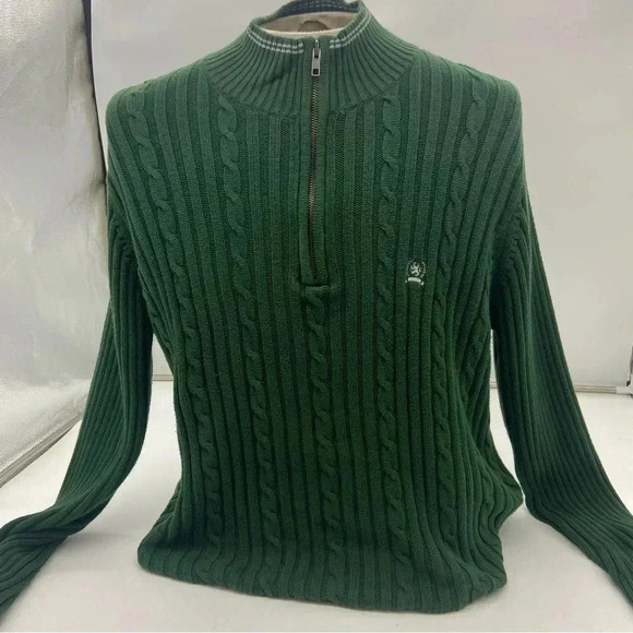 Tommy Hilfiger Mens Crest XL 1/4 Zip Cable Knit Sweater Cotton Hunter Green - Picture 2 of 9